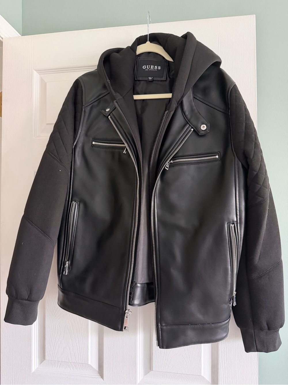 GUESS Black Hooded Bomber Jacket with Quilted Sleeves